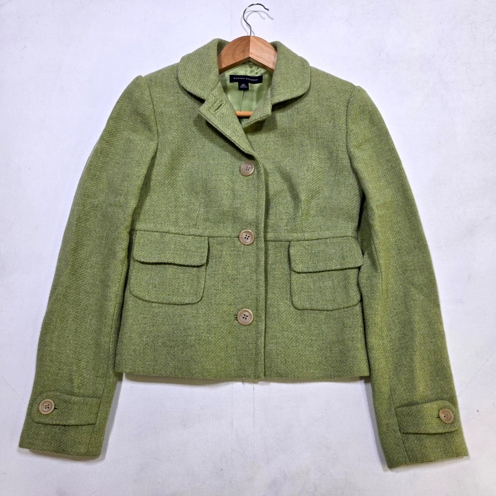 Banana Republic Blazer Womens XS Green Wool Blend Herringbone Cropped Jacket